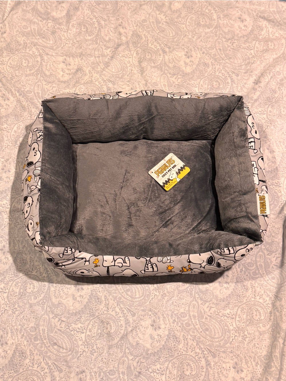 Peanuts Gray Plush Small Pet Bed with Snoopy & Woodstock Print